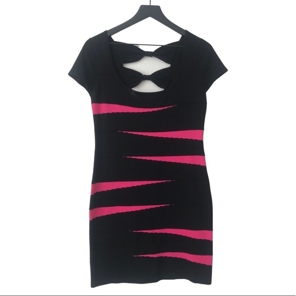 Pink Rose Sweater Knit Bodycon Black Barbie Pink Stripes Retro Party Mini Dress - Picture 1 of 10